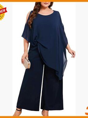 Plus Size Asymmetric Cape Pant Suit Set for Wedding Guest Formal Occasions